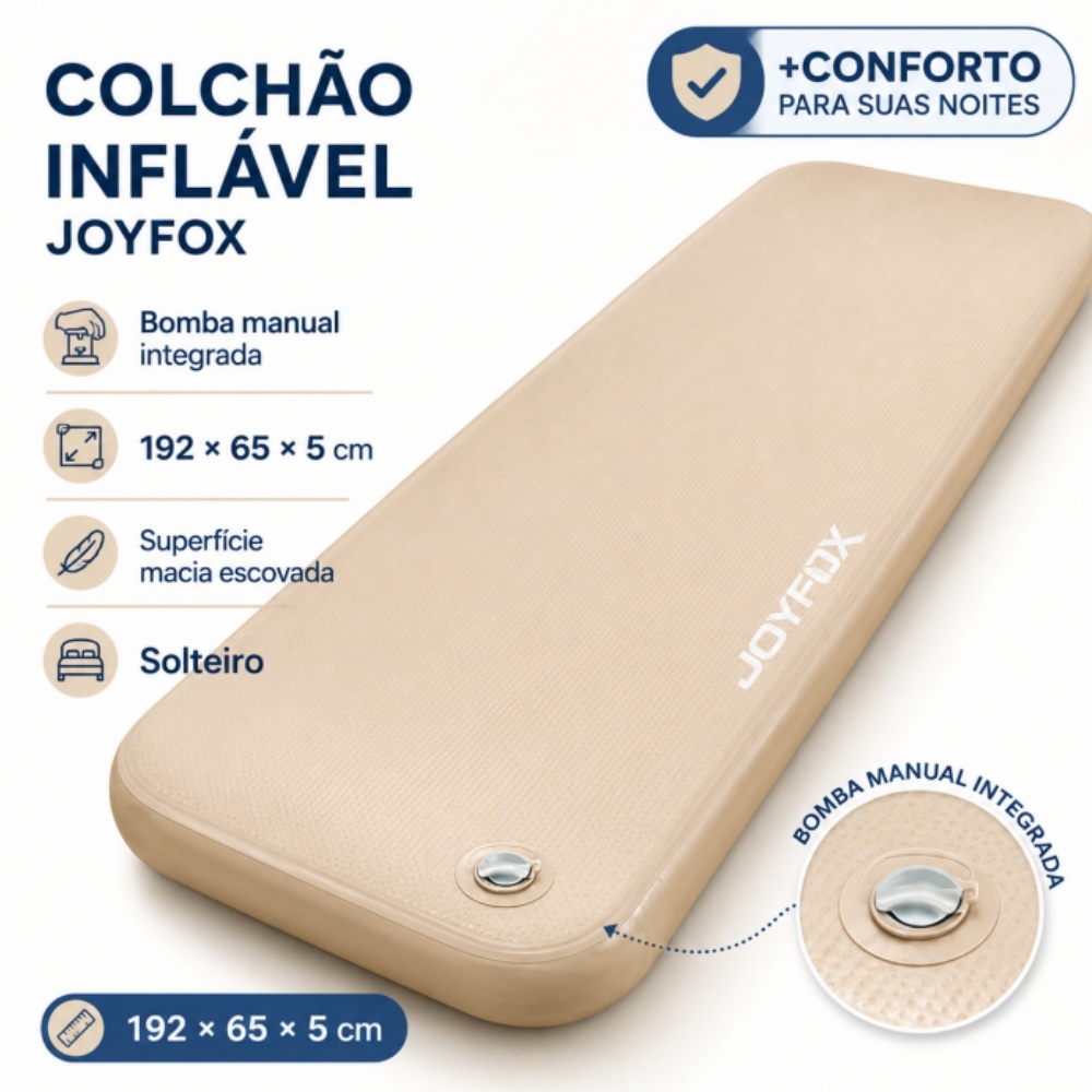 Colchão Inflável Solteiro JOYFOX 192x65x8,5cm com Bomba Manual Colchonete PVC para Camping Viagem Casa