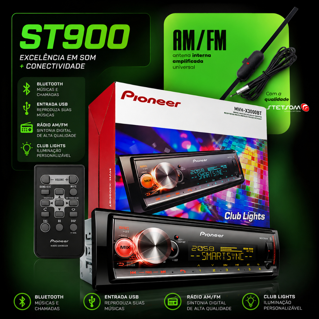 Radio Pioneer MVH-X3000Br Aparelho MP3 Player Auto Som Automotivo Bluetooth Usb Aux FM AM com Antena