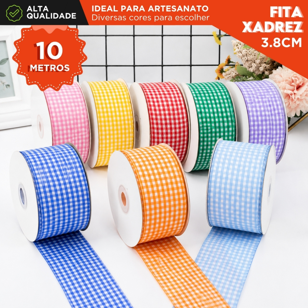 Fita Xadrez 38mm Rolo com 10 Metros Colorida Para Laços Artesanato Festa Junina Costura Embalagens