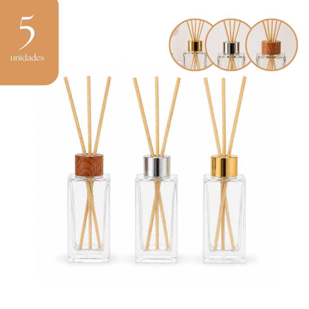 Kit 5 Frascos Difusor De Ambiente 150ml Vidro Com Tampa E Varetas Aromatizador Rosca 28/410