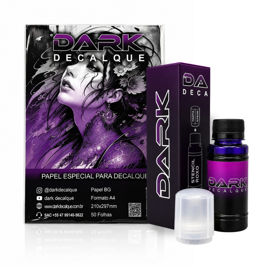 Kit Tatuagem Tinta Stencil 80ml + 1 Papel Manteiga Baixa Gramatura 50 folhas - Dark Decalque