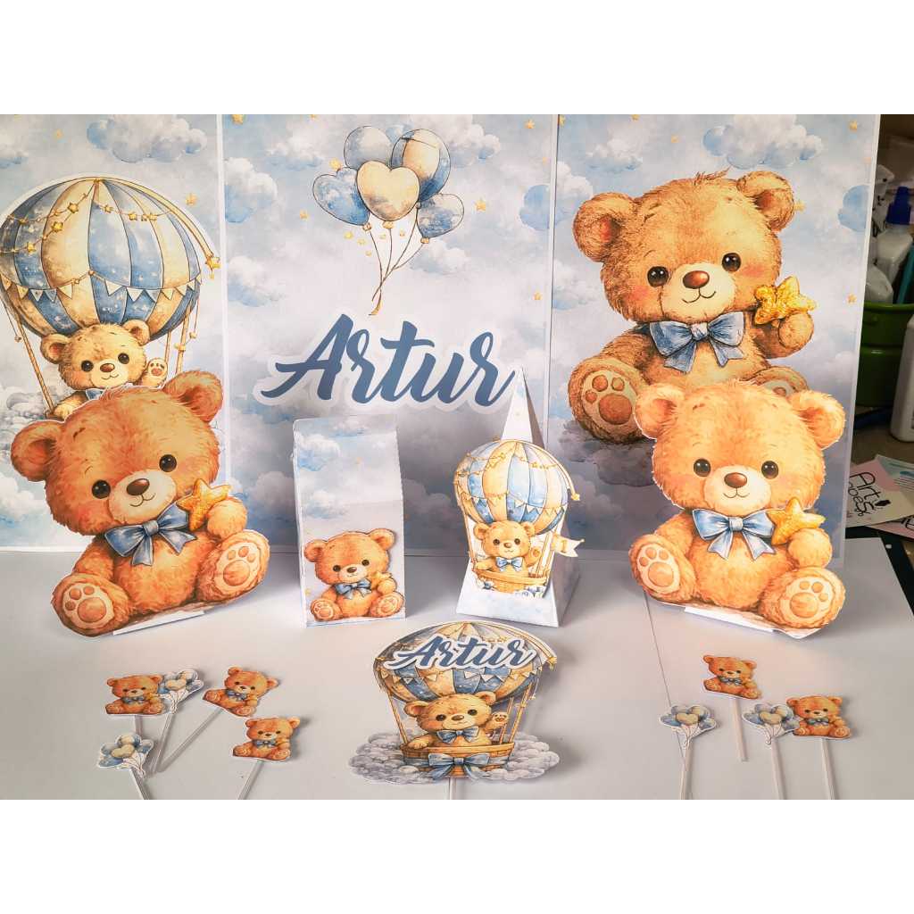 Kit Festa Completa personalizada Ursinho Baloeiro:1topo de bolo, 10 toppers de doces,10 caixinhas, decoração mesa/parede