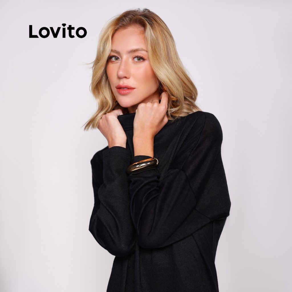 Lovito Vestido Gola Alta Inverno Feminino Manga Longa em Malha Tricot Moda  DRB18171847