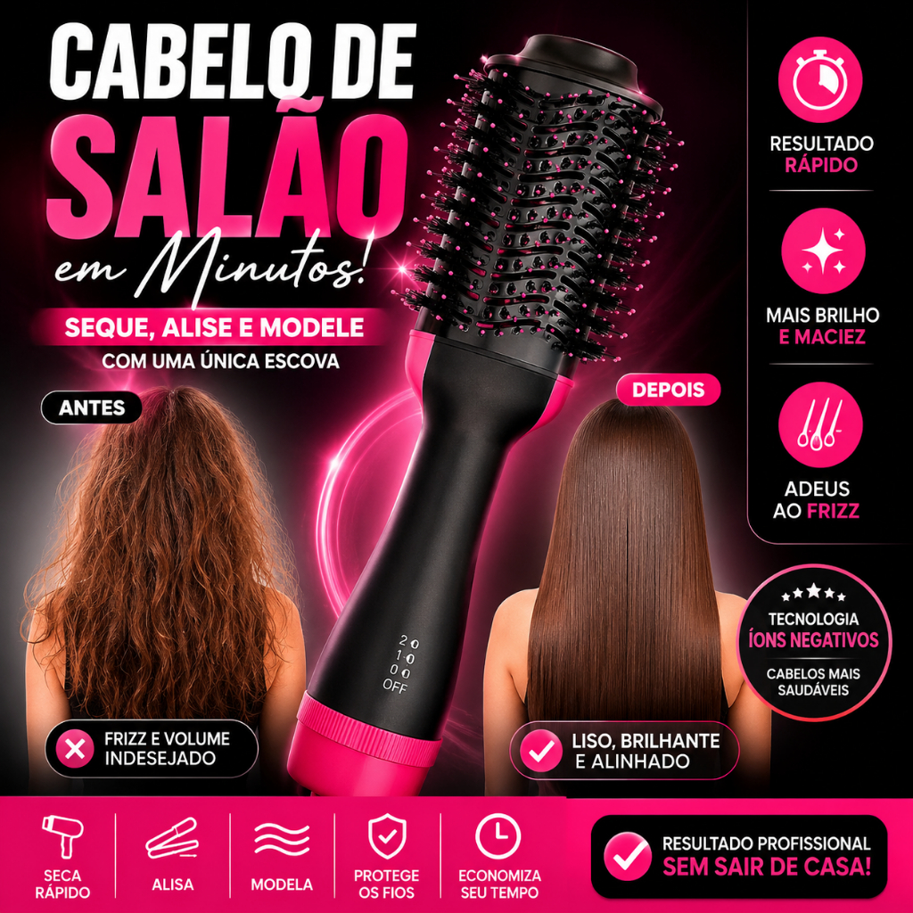 Escova Secadora 3 Velocidades 110V Alisadora Modeladora Com Íons Negativos Vibralis
