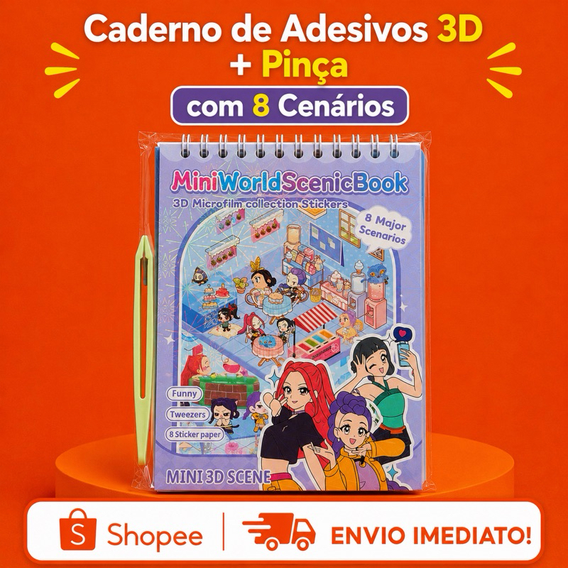 Caderno Adesivo 3D Infantil - 8 Cenários Livro Interativo para Montar e Decorar Brinquedo Kawai