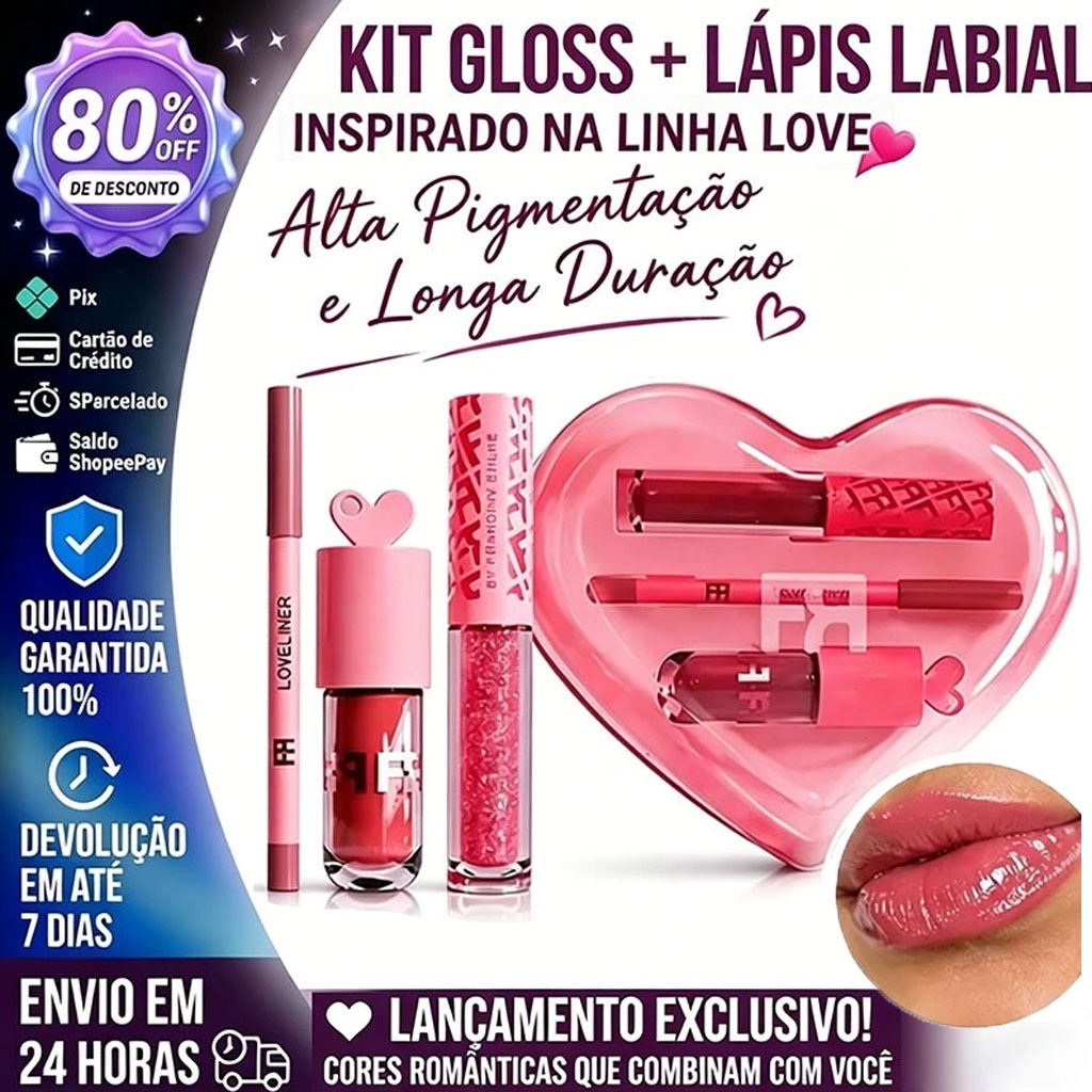 Kit Gloss + Lápis Labial Inspirado na Linha Love – Alta Pigmentação e Longa Duração