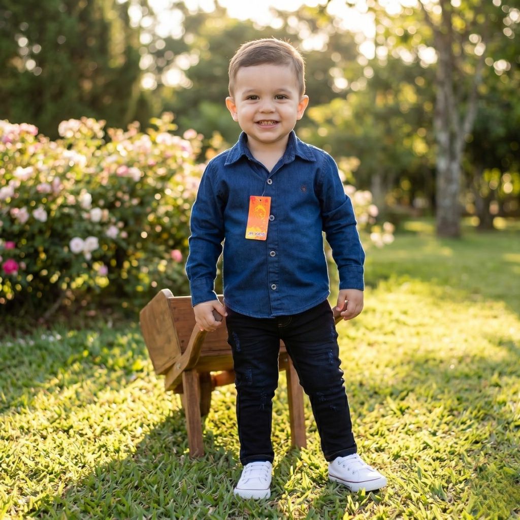 Kit Bebê Menino Conjunto Camisa Jeans Manga Longa Algodão + Calça Jeans com Lycra Premium (0 a 3 anos)