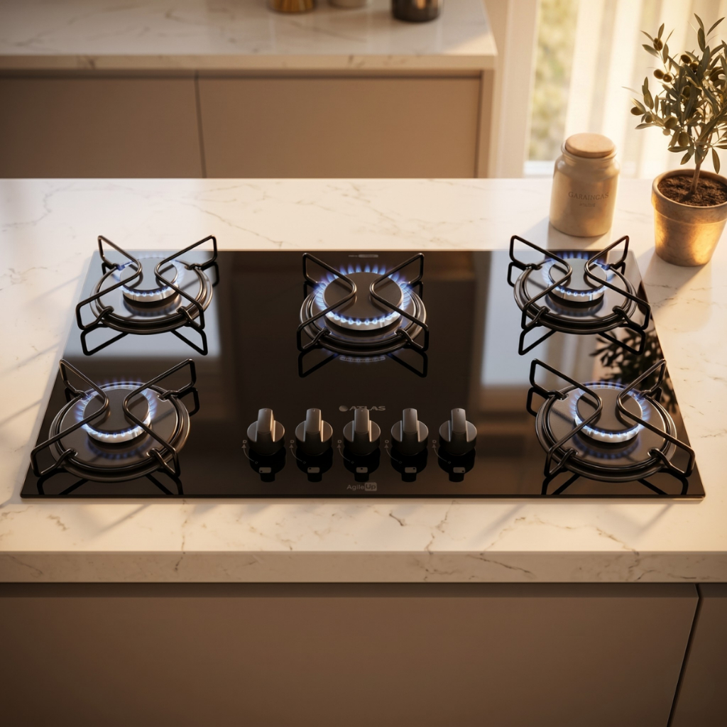Cooktop Atlas Agile Up 5 Bocas Preto - Grades Individuais com 4 Pontos de Apoio - Bivolt