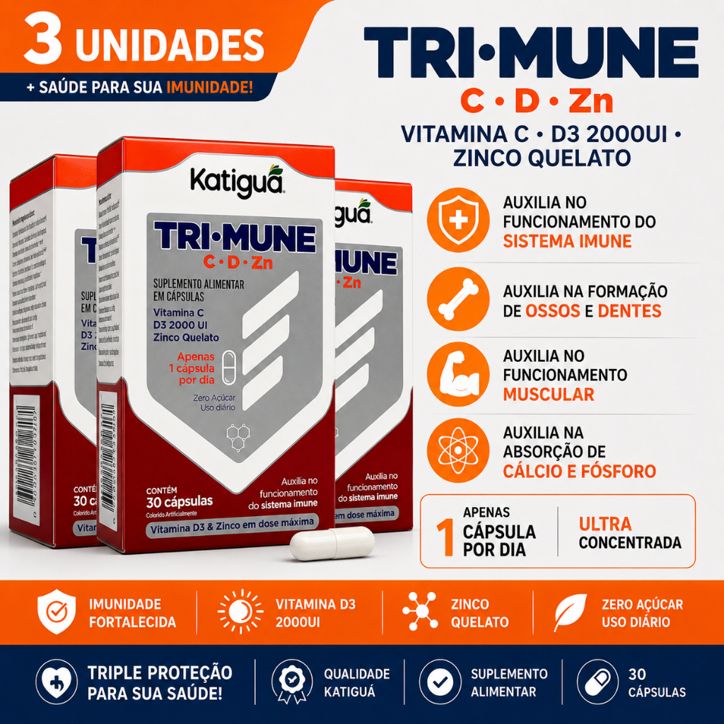 Tri-Mune Katiguá Vitamina C + D3 2000UI + Zinco Quelato 30 Cápsulas | Imunidade e Energia