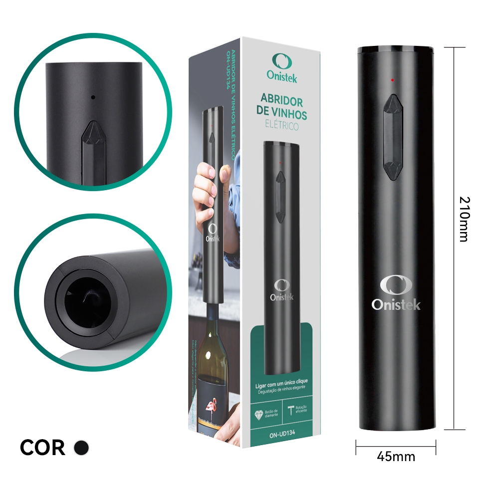 Abridor de Vinho Elétrico Saca Rolha Automático Recarregável Profissional Aço Inox Preto Moderno