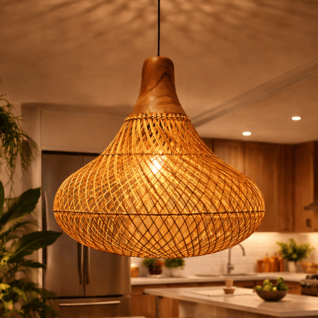 Luminária de Teto Bambu Artesanal Lustre Rustico Decorativo Madeira Premium Bivolt