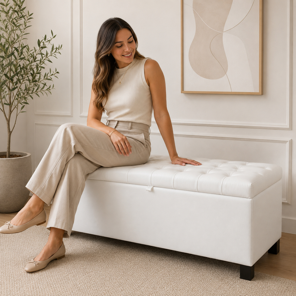 Sapateira Organizadora Puf Pufe Baú Corino 135cm Cama Casal Armazenamento Pé Madeira Tampa Pistao