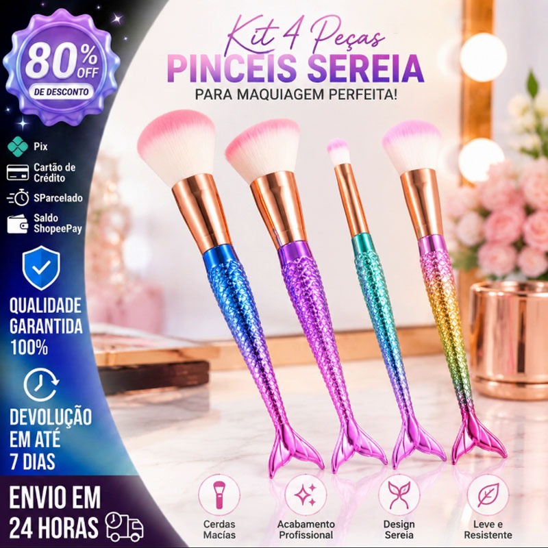 Promocao/ofertas Kit 4 Pças de Pinceis Sereia de Maquiagem Para Sombra - Blush - Contorno - Pó 