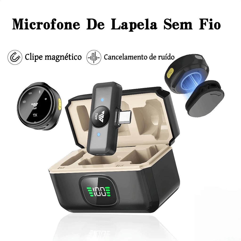 Microfone Lapela Sem Fio Duplo Kaidi Profissional Portátil Imã Redondo Anti Ruído Tipo C iPhone Gravação Celular