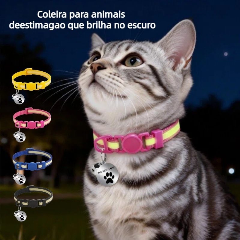 Coleiras Neon que Brilham no Escuro, Noturnas, com Sininho, Para Gato, Cachorro e Outros Pets, Luminosas