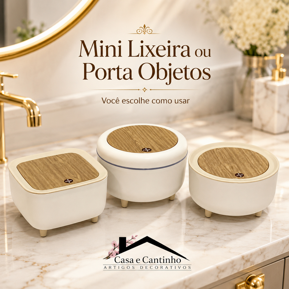 Porta Objeto Mini Lixeira de Mesa para Penteadeira Tampa de Pressão Cesto Organizador Multiuso