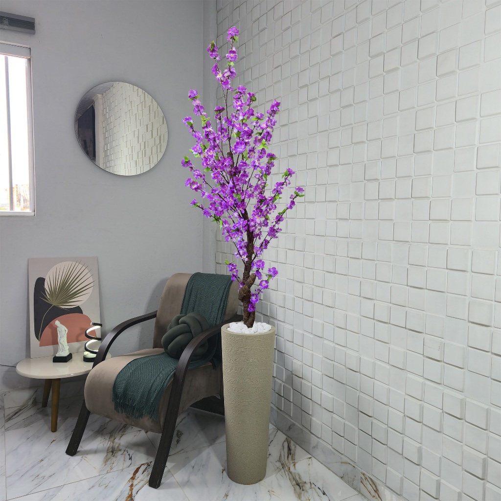 Planta Artificial Cerejeira Roxa 150cm Vaso Grafiato Mármore Pedra