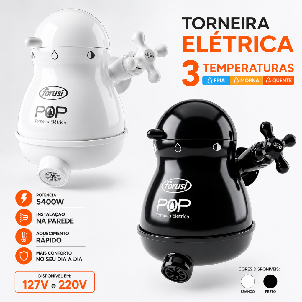 Torneira Elétrica 3 temperaturas 5400w 127v ou 220v STILO POP FORUSI Parede PRETO ou BRANCO