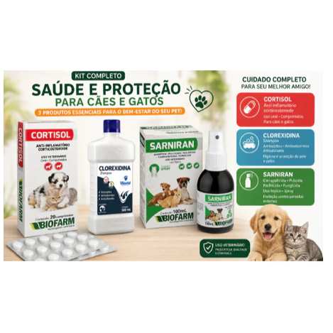 Shampoo Clorexidina 500ml - + Sarniran 30ml + Cortisol 20 Comprimidos