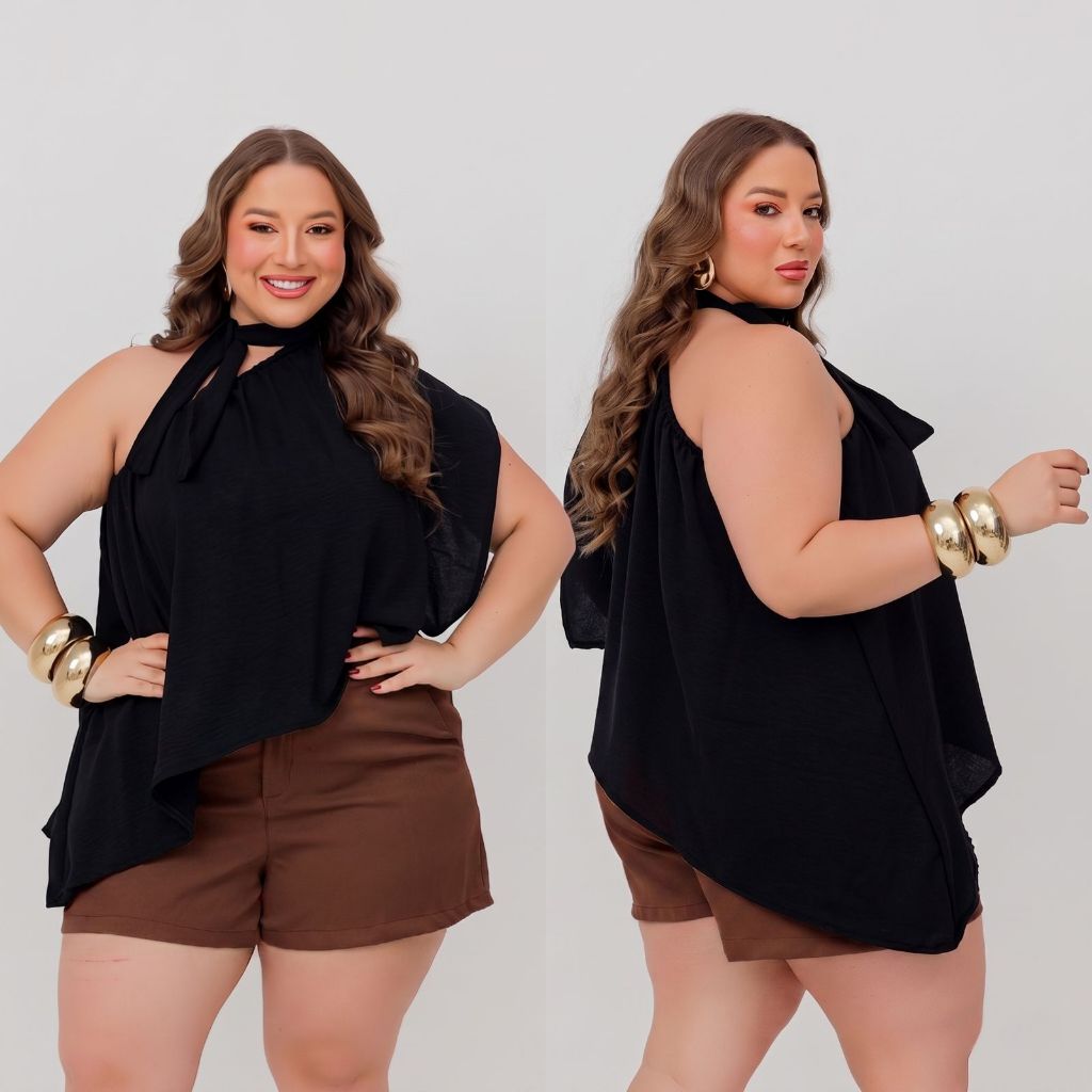 Blusa Bata Plus Size Feminina Assimétrica Gola Amarração | G1 44-46 G2 48-50 | Elegante Moderna Tendência Confortável