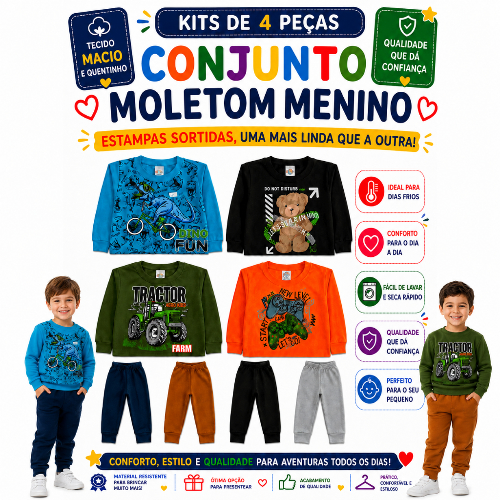 Kit Roupa Bebê Menino 4 Peças em Moletom | Conjunto Infantil Masculino Quentinho, Macio, Confortável e Estampas Sortidas