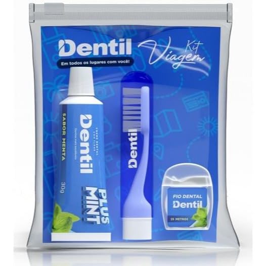 Kit Viagem Creme Dental 30g + Fio Dental 25m + Escova Dental + Enxaguante Bucal Dentil Ultra Mint 30ml Sem Flúor