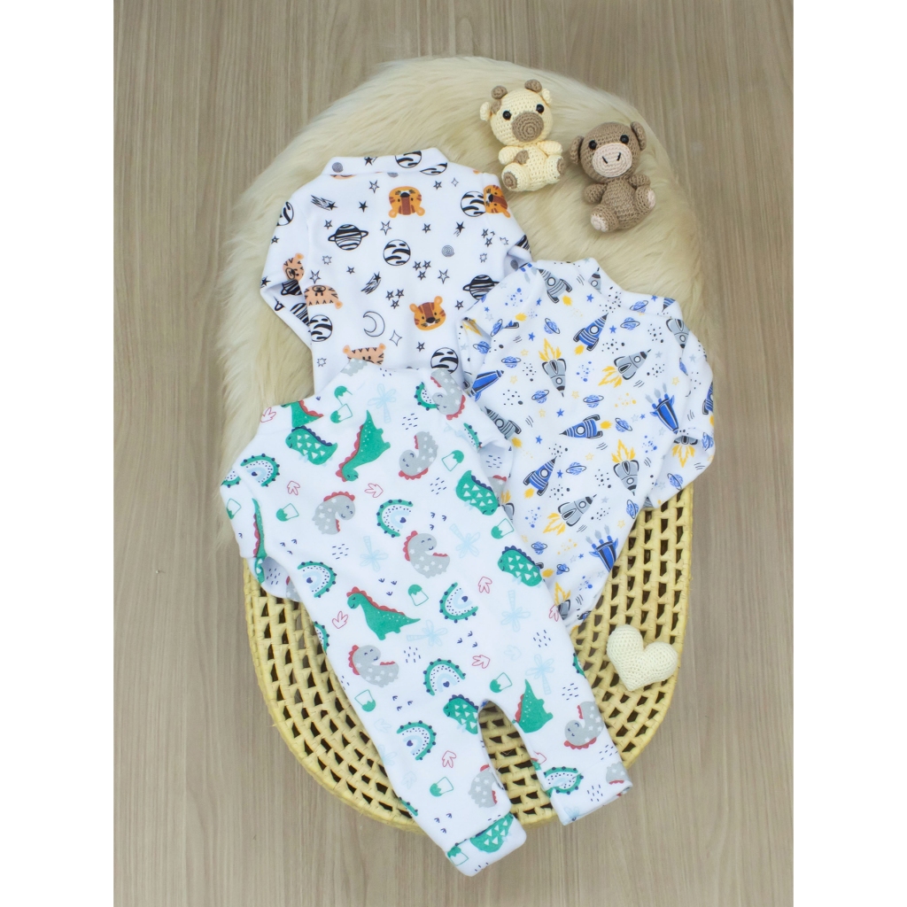 Macacão Bebê Menino Soft Kit 3 Peças RN ao GG Confortável Quentinho Estampas Sortidas