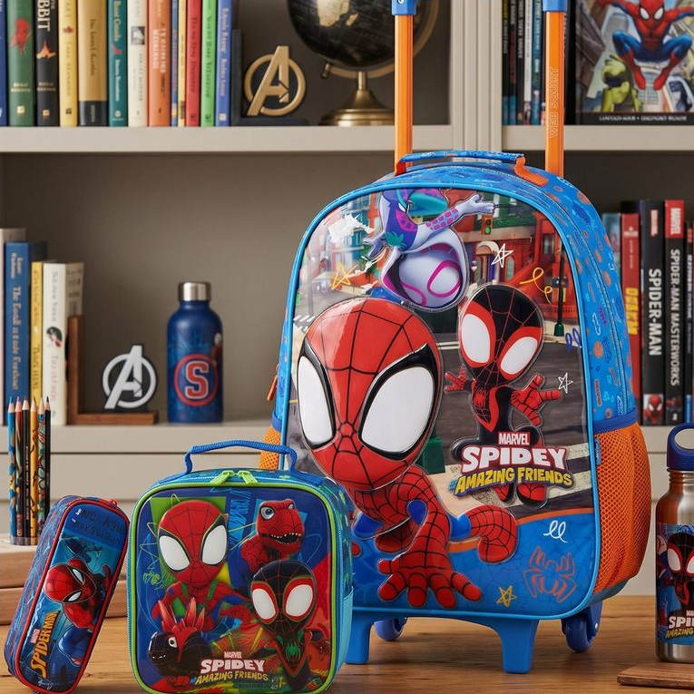 Kit Conjunto Escolar Infantil Spidey Mochila Rodas Costas + Lancheira + Estojo Triplo Spider Man