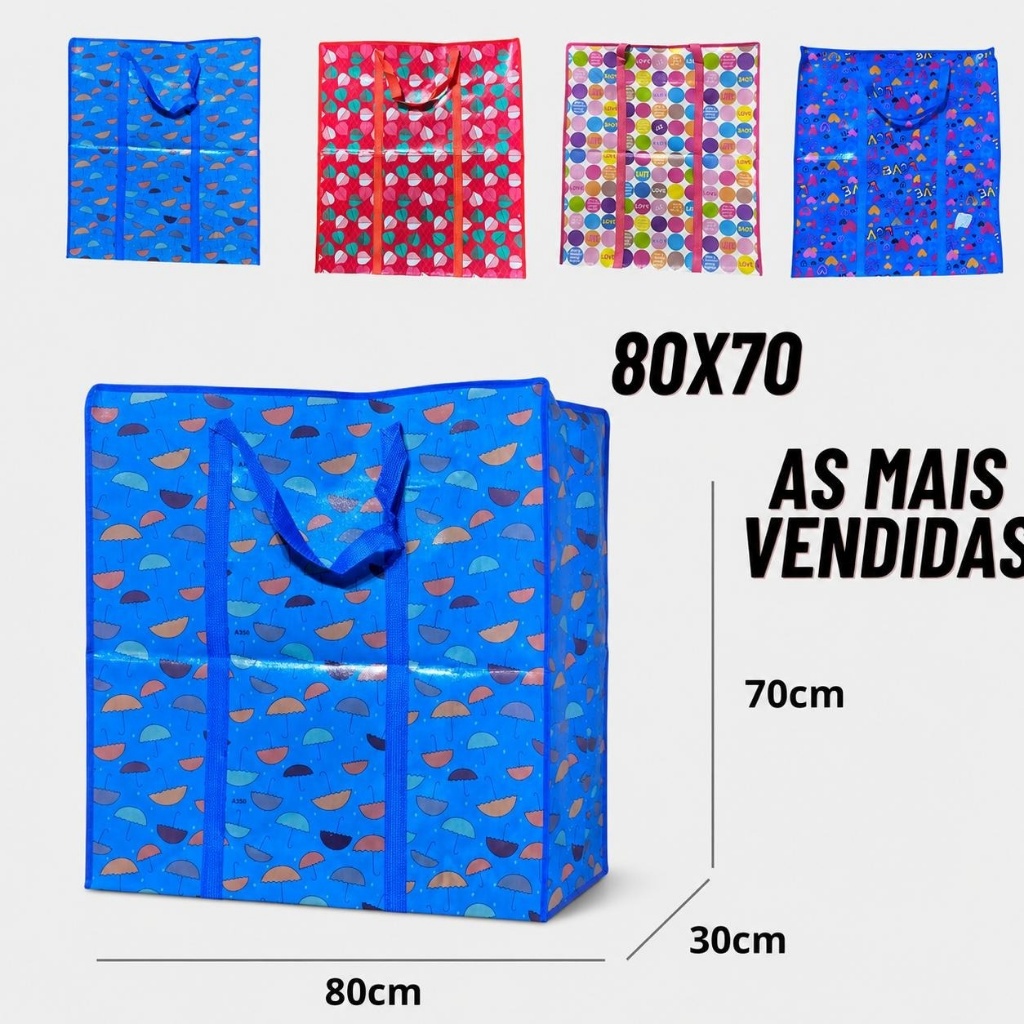 Sacola de Feira Super Grande Zíper Impermeável Resistente Compras Viagens Estampa Sortida