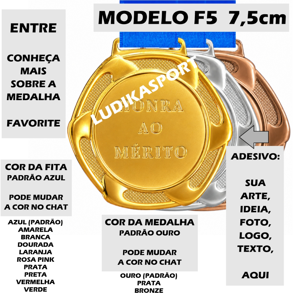 De 5 a 15 Medalha 7,5cm Modelo F5 Metal Ouro/Prata/Bronze {Personalizo} Evento Olimpíada Corrida
