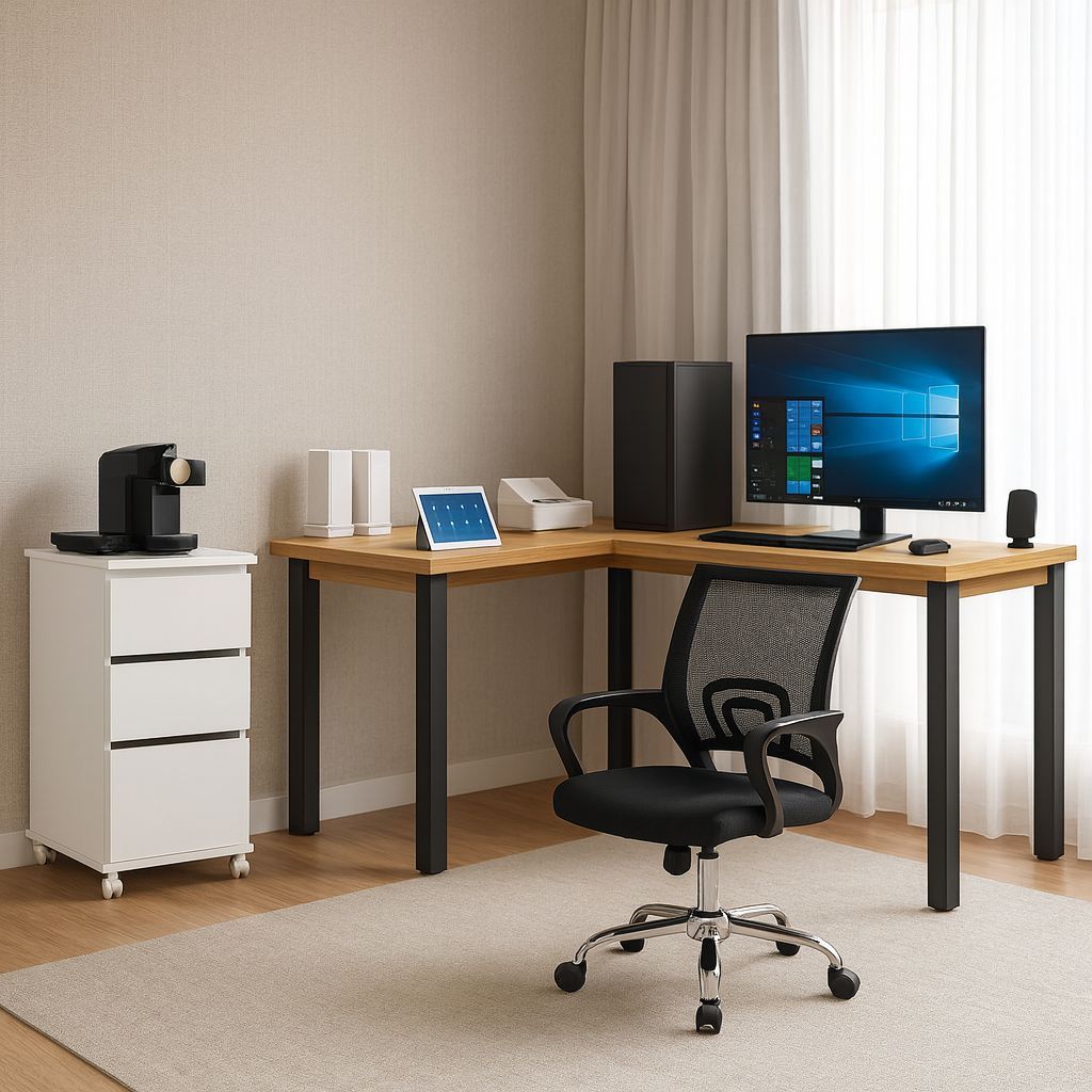Kit Mesa Em L Para Escritório + Cadeira Diretor Detroit Regulável