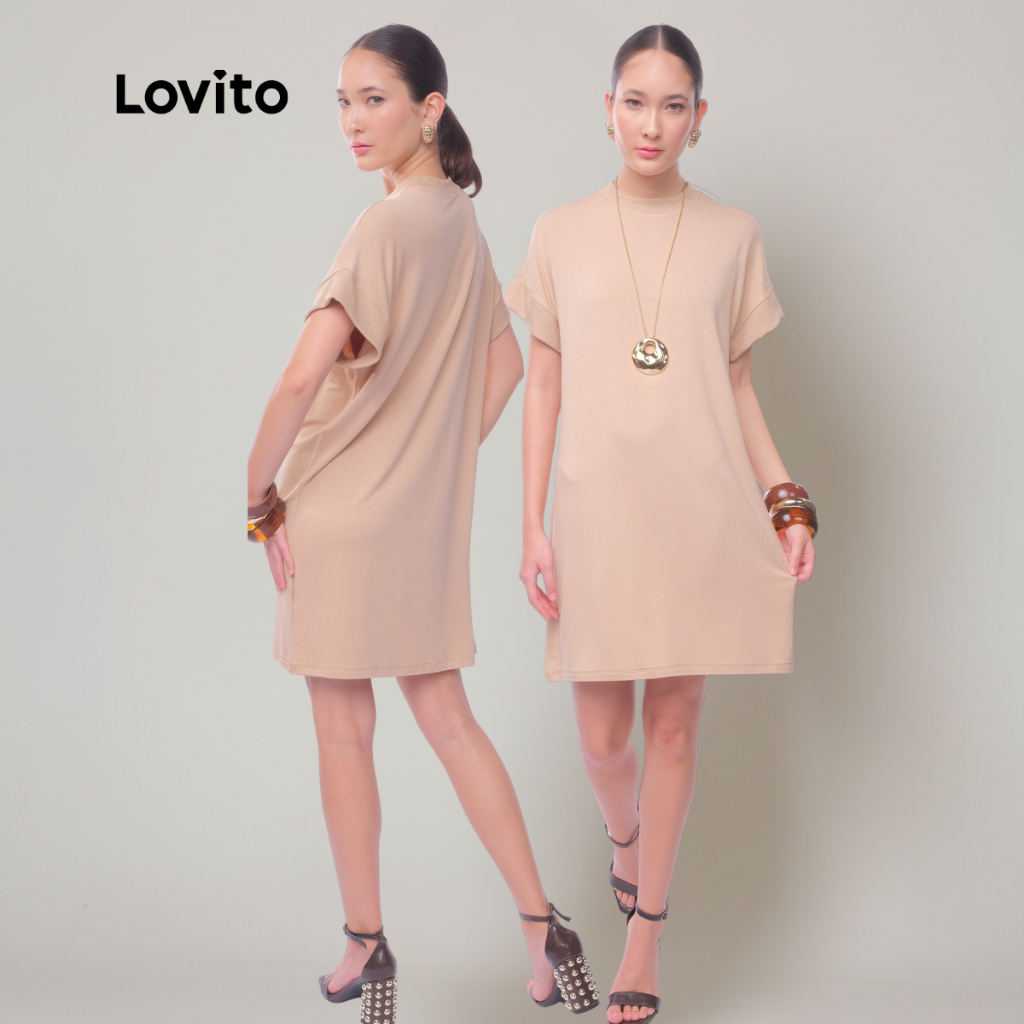 Lovito Vestido Curto Camiseta Moda Casual Liso para Mulheres BRDRB16251655