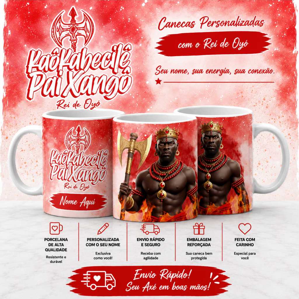 Caneca Xangô Personalizada com Nome | Umbanda Axé Cadomblé Orixás | Kaô Kabecilê Pai Xangô
