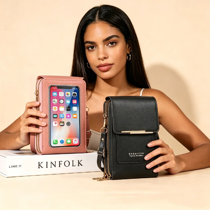 Bolsa Tiracolo Porta Celular Touch Screen Compacta Com Porta Moedas Cartão Zíper Duplo e Fecho Seguro