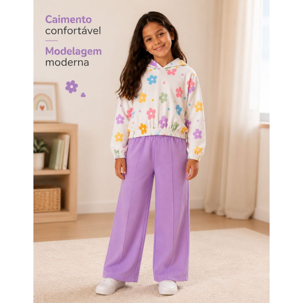 Conjunto Moletom Infantil Menina com Capuz e Calça Wide Leg Moda Inverno