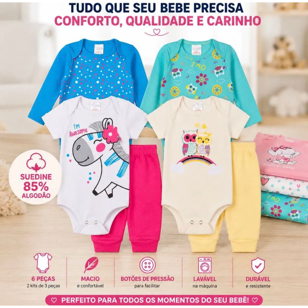 Kit 6 peças Conjunto body bebê manga curta longa calça roupa bebe infantil