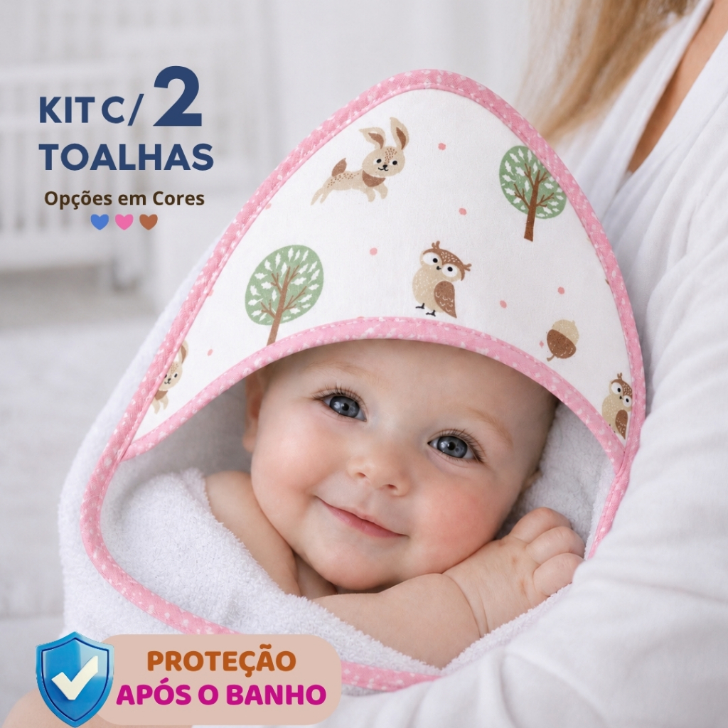 Kit com 2 Toalhas de Banho Bebê com Capuz, Tamanho 70x70cm, Macia a Absorvente, para menino, menina e neutra