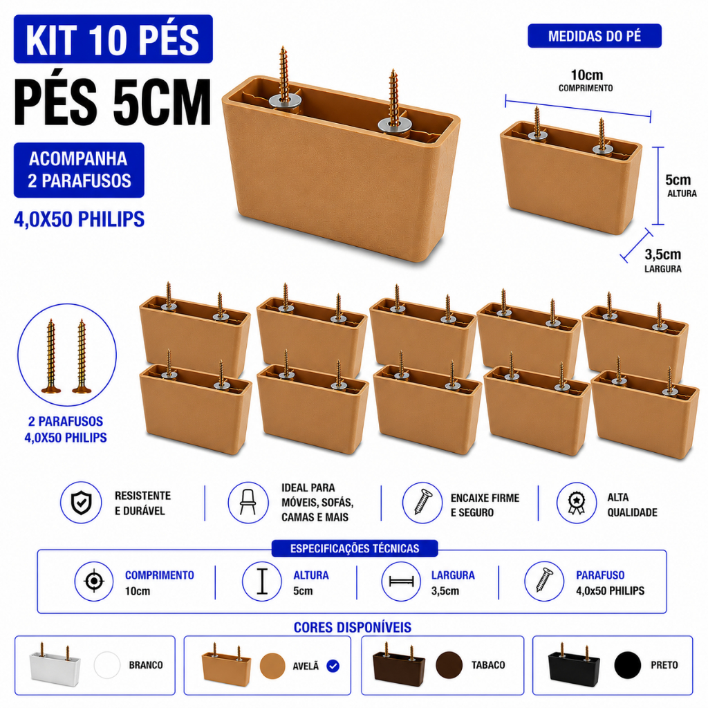 Kit Pes Para Moveis Armário Sofa Mesa Cama Box Guarda Roupa 5cm + Parafusos
