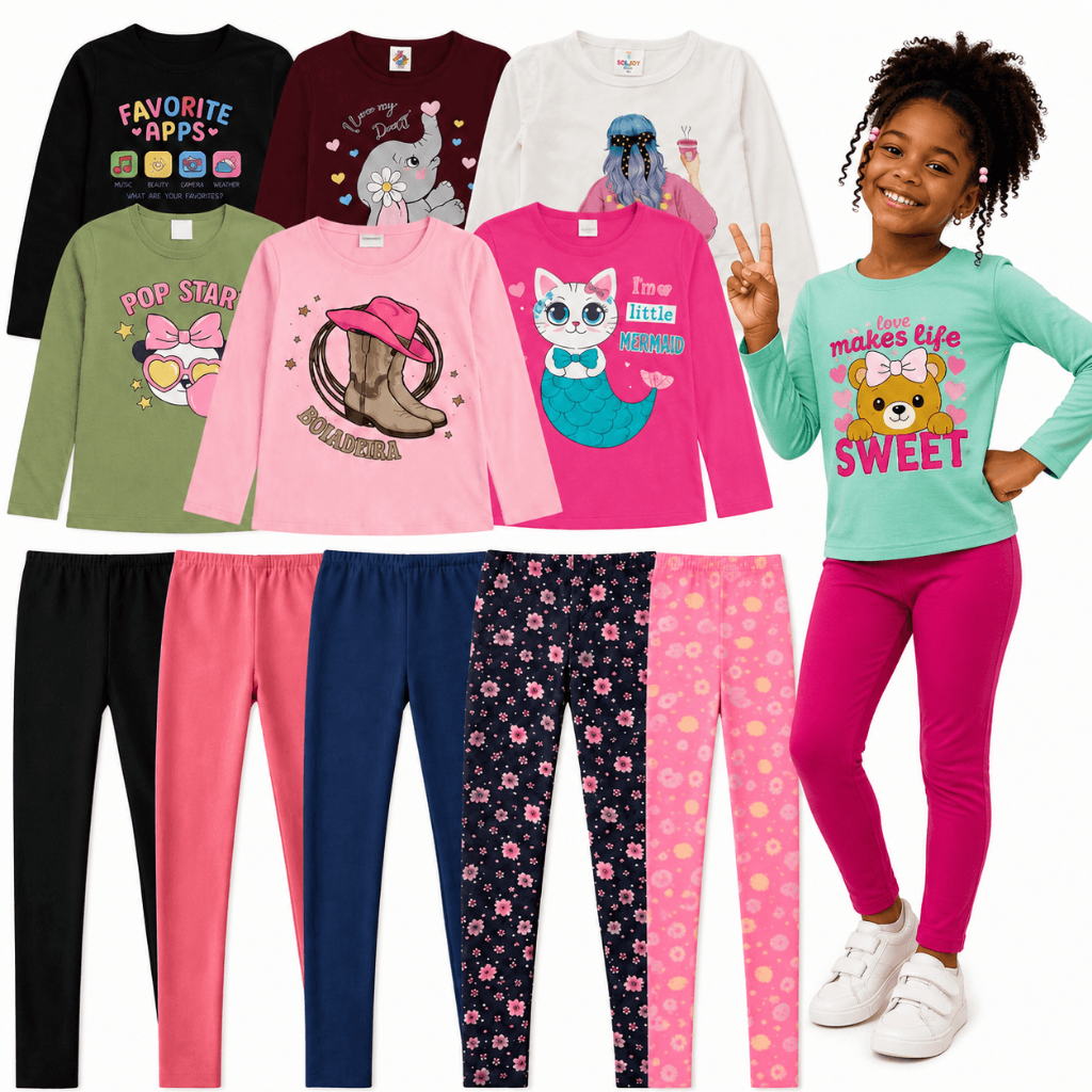 Kit 4 Conjunto Meia Estação Infantil Menina | Camiseta Manga Longa + Legging Infantil | Roupa de Frio Menina | Sortidas