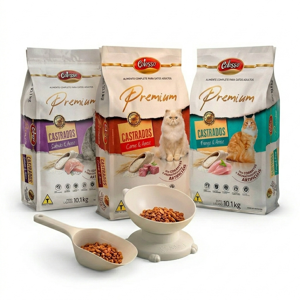 Kit Ração Gatos Castrados Colosso 10kg Comedouro Elevado Pá Dosadora Carne Frango Salmão com Arroz