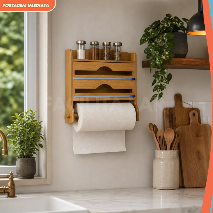 Suporte Porta Papel Toalha Bambu 3 em 1 Organizador Cozinha Dispenser Cortador Filme Plastico Aluminio Prateleira Temper