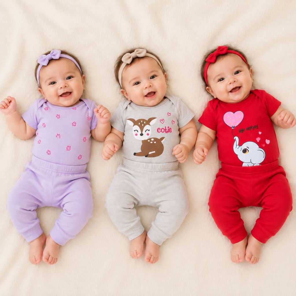 Conjunto Bebê Menina Body Manga Curta e Calça Kit com 1, 3 ou 5 Conjuntos Infantis Femininos