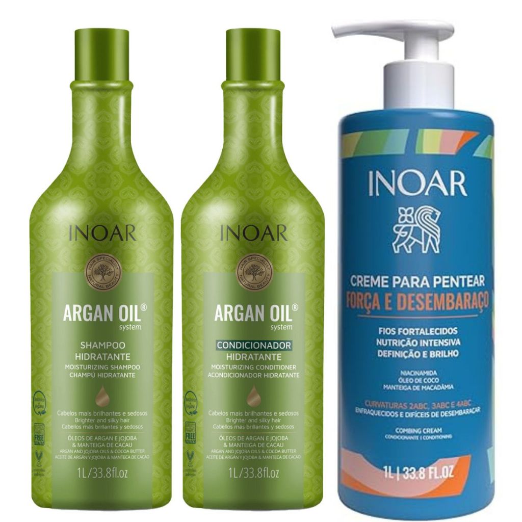 INOAR KIT ARGAN SH + COND 2X1L + CREME PARA PENTEAR FORÇA E DESEMBARAÇO 1L