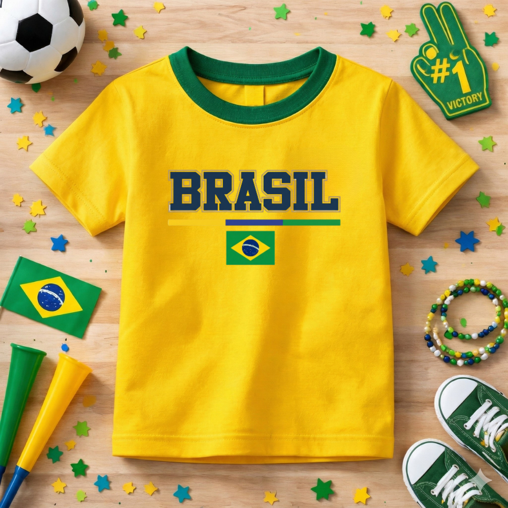 Camiseta Infantil Copa Do Mundo Personalizada Brasil Lançamento Brasil Algodão Premium Confortável