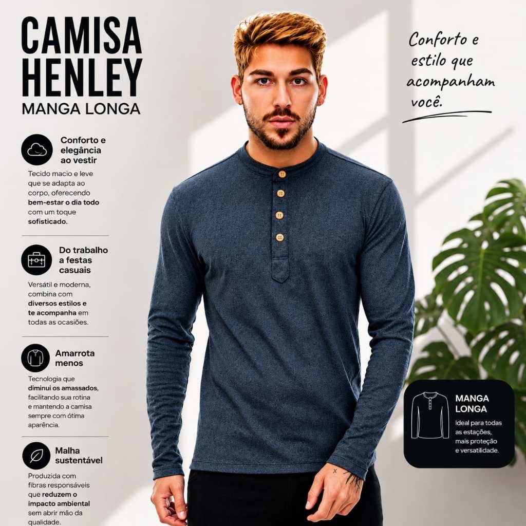 Camisa Henley Masculina De Malha Ecológica Mangas Compridas