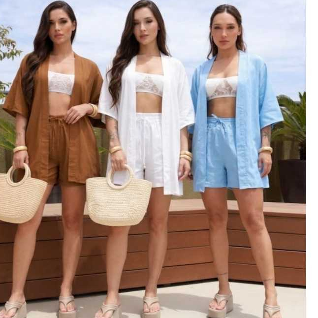 Conjunto Kimono Femenino lisa,Moda Verão blusa manga flare e short com bolso .Elegante M G GG
