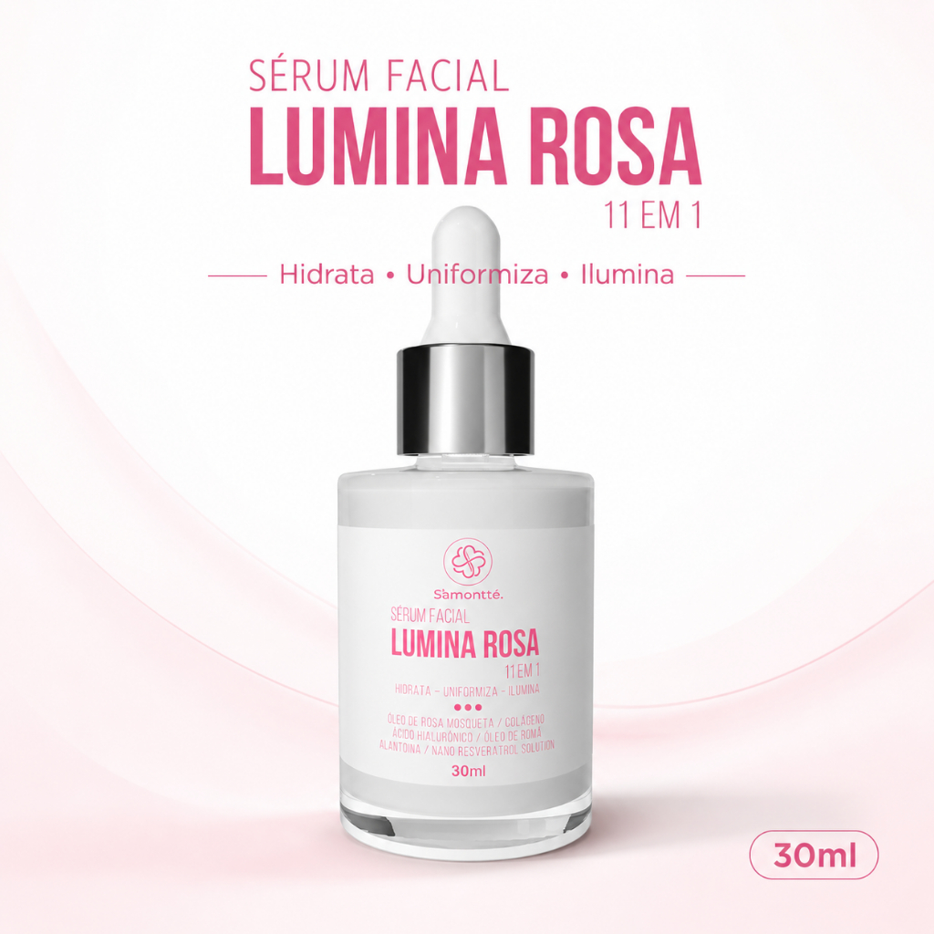 Sérum Facial Lumina Rosa S’amontté 11 em 1 30ml Hidratante Clareador Uniformiza Ilumina Anti Idade Pele Macia Uso Diário