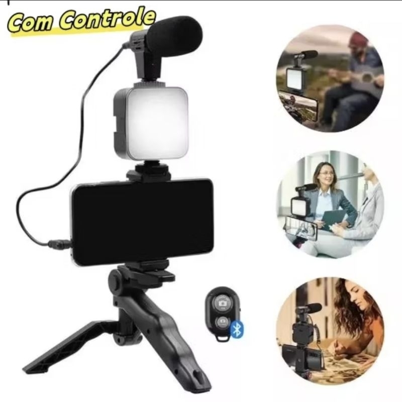 Tripé Estabilizador de Mão Kit 5 em 1- Microfone Controle Bluetooth para Celular Gravação de Vídeo Conteúdo Profissional