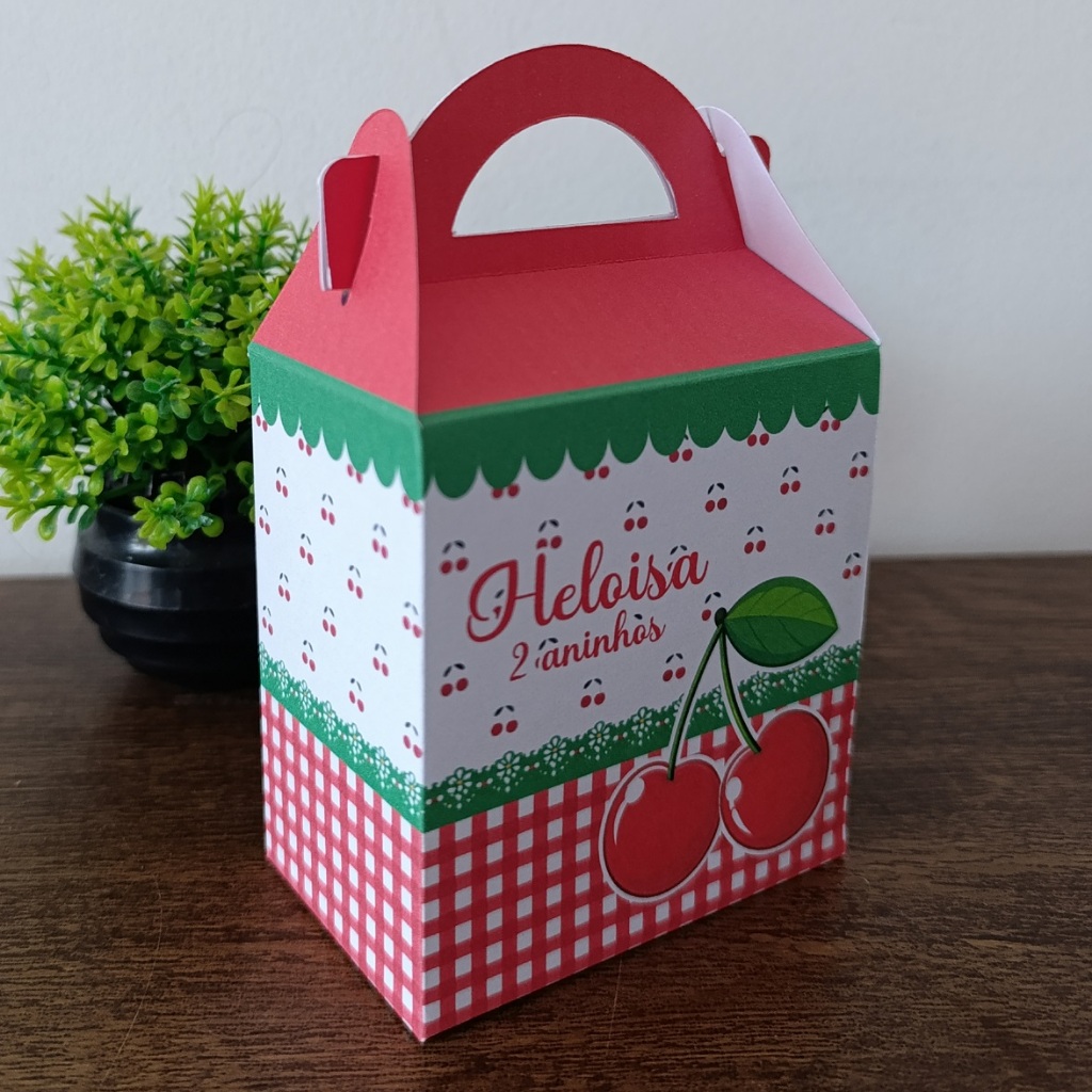 Maletinha maleta caixinha personalizada nome idade lembrancinha pegue monte TEMA CEREJA DECORAÇÃO