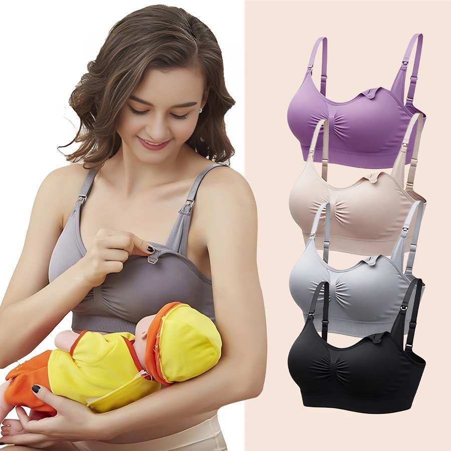 Kit com 4 sutiãs de amamentação com bojos removíveis e reforço para maior conforto.